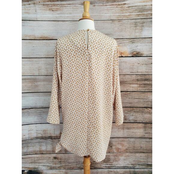 Vintage 60s 70s Tunic Tan White Leaf Print Large - Picture 3 of 11